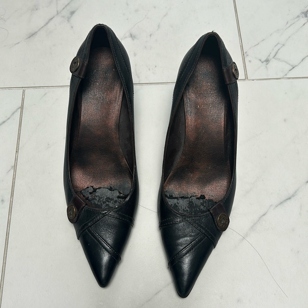 Joan and David heels, brown with button embellishment